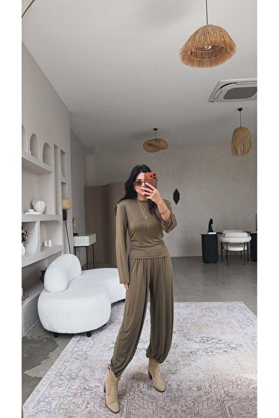 Buket Teke Χακί Σετ Οικιακής Ένδυσης με Επένδυση και Δαντέλες στην Πλάτη