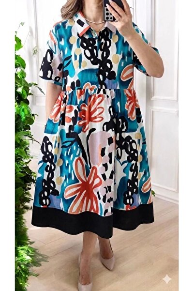styleFlex Rochie Tip Cămașă din Bumbac 100% cu Imprimeu Abstract și Buzunare