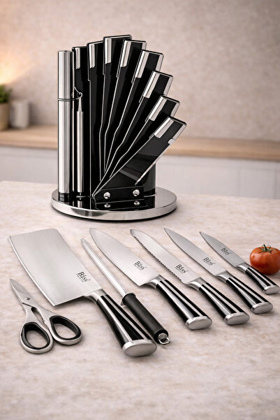 Bass Professional Stainless Steel Knife Set with 360° Rotating Stand