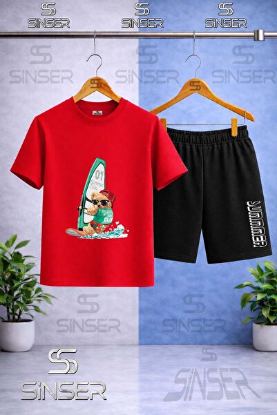 SS SİNSER تي شيرت للأطفال بطبعة AYICIK SURF SEA ذو ياقة دائرية - طقم شورت