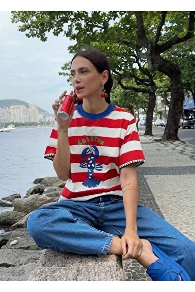 Noi Belis Ριγέ Πλεκτό T-Shirt με Στάμπα Oversize SS26TS0067