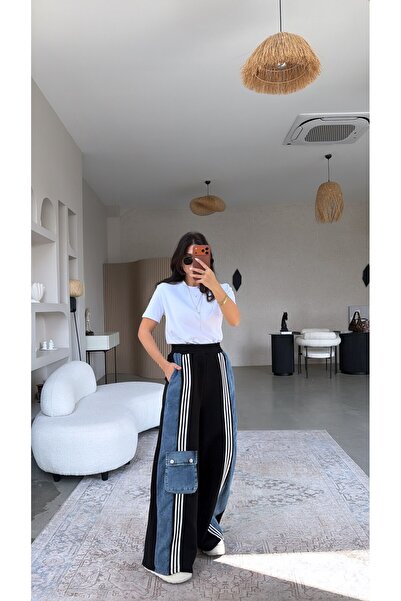 Buket Teke Μαύρη ριγέ φόρμα με λεπτομέρεια από τζιν, φαρδιά μπατζάκια και pre...