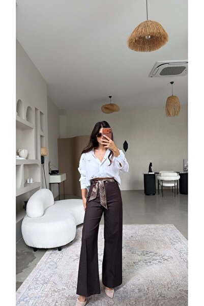 Buket Teke Καφέ τζιν παντελόνι με ραφές και ζώνη-φουλάρι