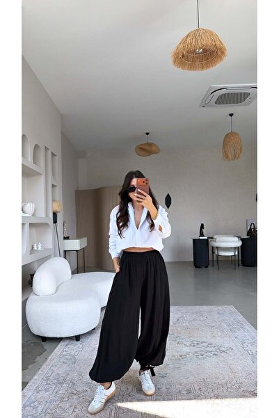 Buket Teke Μαύρο σαλβάρι από τένσελ με λεπτομέρεια δεσίματος στο τελείωμα