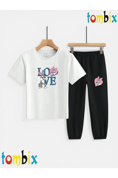 tombix تي شيرت مطبوع عليه LOVE RABBIT مع بنطلون رياضي (بنطلون رياضي بجيب) طقم...