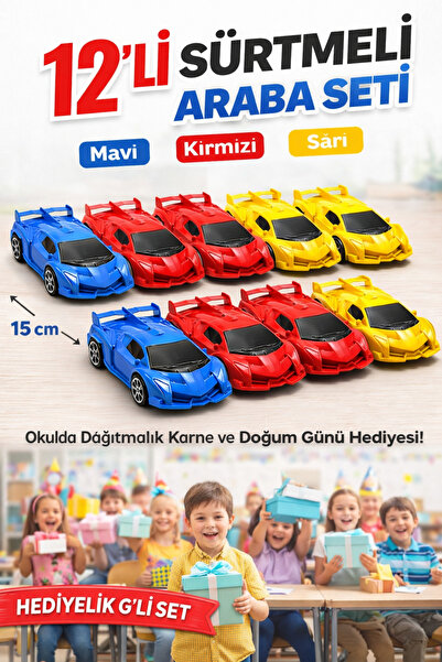 KAR TANESİ 12’li Sürtmeli Oyuncak Araba Seti 15 CM Okulda Dağıtmalık Karne Do...