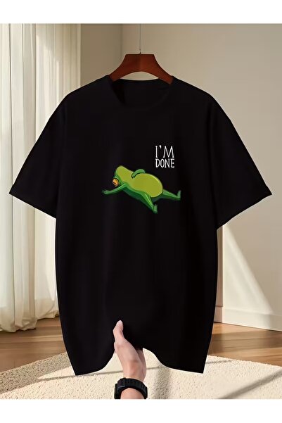 AEMİ تي شيرت برقبة دائرية كبير الحجم مطبوع عليه I'M Done Frog للجنسين