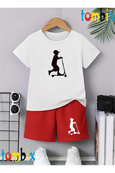 tombix Scooter and Child Printed T-Shirt Shorts Summer Children's Set