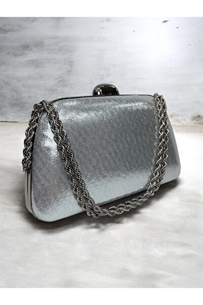 Busrabags Silver Plated Fabric Chain Strap Hand Shoulder Evening Dress Bag