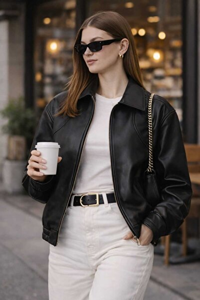 ELUVIA FASHION Women's Bomber Leather Jacket with Belt
