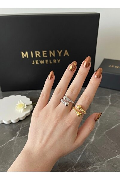 Mirenya خاتم نسائي أنيق مرصع بحجر كريستال مزدوج باللون الذهبي