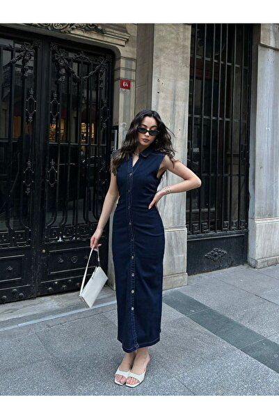 Nes Moda Kadın Düğme Detaylı Likralı Denim Kot Elbise
