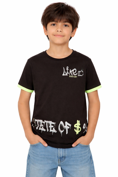 İrem Çocuk Giyim Boy's Black Color Short Sleeve T-Shirt with Text Pattern on ...