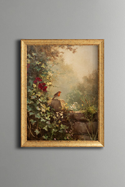 epiqart Bahçede Kızıl Göğüslü Kuş – Vintage Desenli Çerçeve – İnce Model
