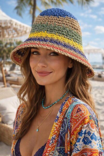 FELLMENS Γυναικείο καπέλο τύπου bucket, πλεκτό στο χέρι, σε χρώμα καμηλό με ρ...