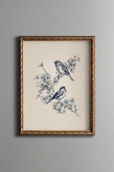 epiqart Two Birds on a Flowering Branch – Vintage Patterned Frame – Slim Model