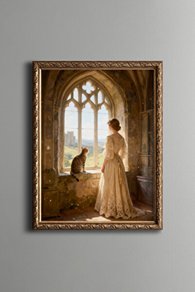 epiqart Pencerede Kadın ve Kedi – Vintage Desenli Çerçeve – İnce Model