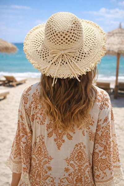 FELLMENS Μπεζ διχτυωτό στρογγυλό ψάθινο γυναικείο καπέλο