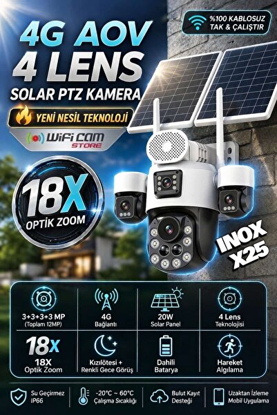 WİFİCAM İnox X25 4 Kameralı Optik Zoom Güneş Enerjili 4G Akıllı Kamera