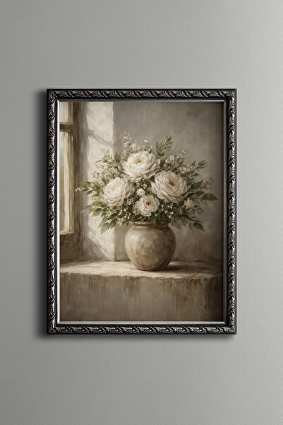 epiqart Beyaz Şakayık Buketi – Vintage Desenli Çerçeve – İnce Model
