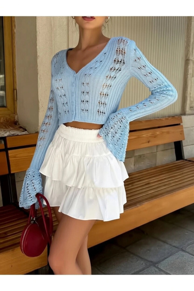 Lusin Γυναικεία Καλοκαιρινή Μπλε Διάτρητη Κομψή Ισπανική Ζακέτα με Λεπτομέρει...