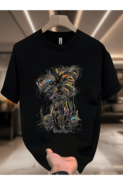 gencerco Ανδρικό μπλουζάκι με στάμπα σκύλου σε πολύχρωμη γραμμή, Premium Over...