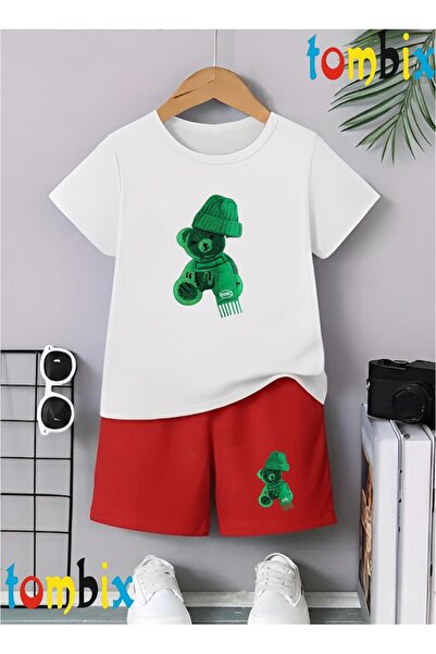 tombix Green Hat Bear Printed T-Shirt Shorts Summer Children's Set