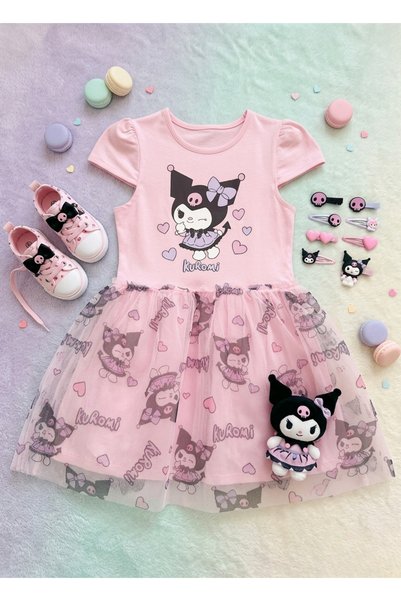Neva Baby Boutique Pink Girls' Kuromi Printed Tulle Tutu Short Sleeve 100% Cotton Dress – Birthday / Special Occasion / Party 3-8 Years