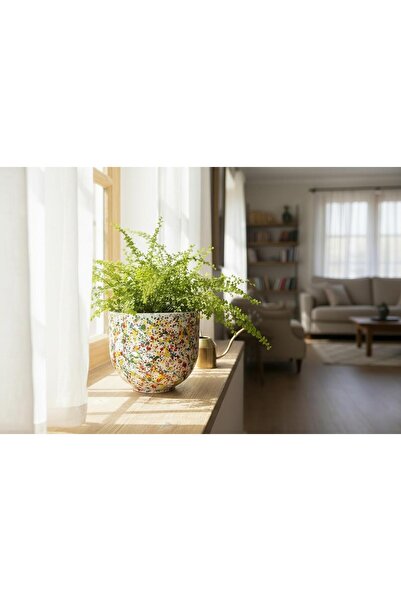 rilind Renk Sıçramalı El Yapımı Taş Tozu Saksı 13x15 cm Orta boy