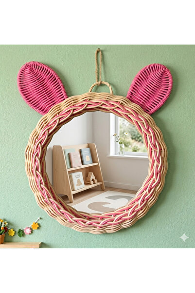 Niobehome El Örgüsü Çocuk Odası Aynası- Rattan Pembe Kulaklı Dekoratif Ayna