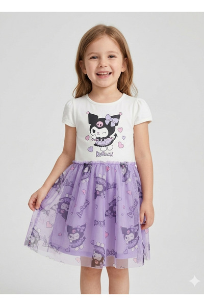 Neva Baby Boutique White Girls' Kuromi Printed Tulle Tutu Short Sleeve Dress 100% Cotton – Birthday / Special Occasion / Party 3-8 Years
