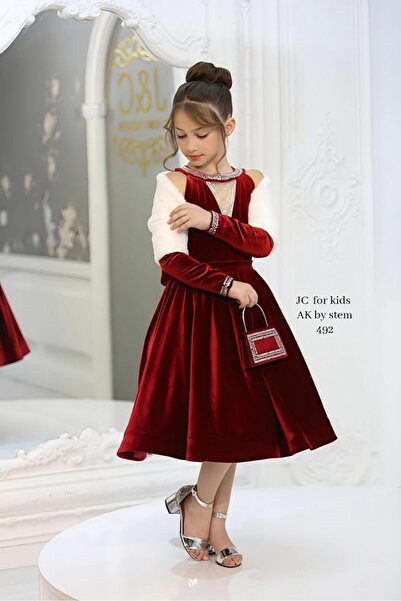 JC فستان مخمل أحمر عنابي فاخر للبنات (القطيفة الملكية) Violet Flower Boutique