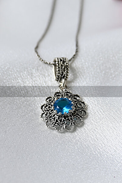 Masios Silver 925 Ayar Gümüş Aralık Doğum Taşı Mavi Topaz Çiçek Motifli Kolye
