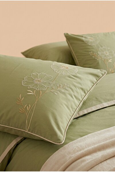 Serebien Home Collection Verda Floral Embroidered 7 Piece 100% Cotton Green D...