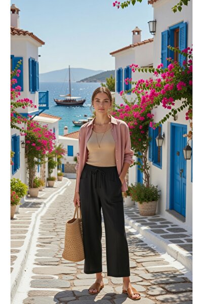 STYLENEST Kadın Bol Paça Keten Pantolon Yüksek Bel Lastikli Yazlık Rahat Pant...