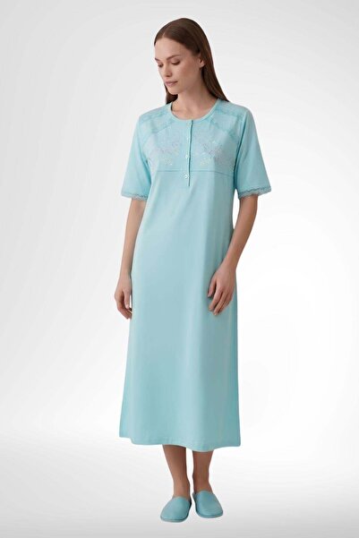 Mecit Pijama Mecit 6363 Turkuaz Kadın %100 Pamuk Uzun Gecelik