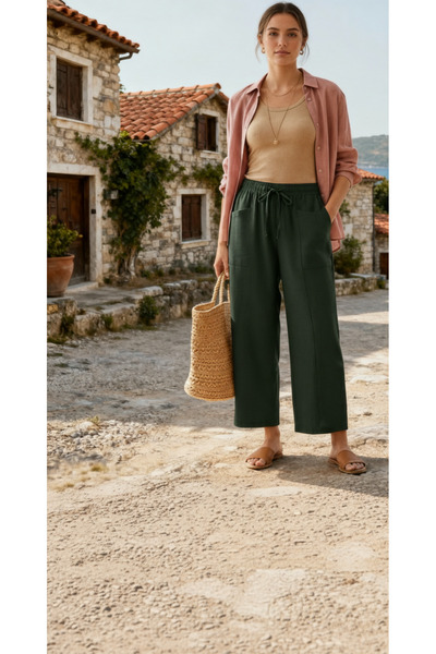 STYLENEST Kadın Bol Paça Keten Pantolon Yüksek Bel Lastikli Yazlık Rahat Pant...