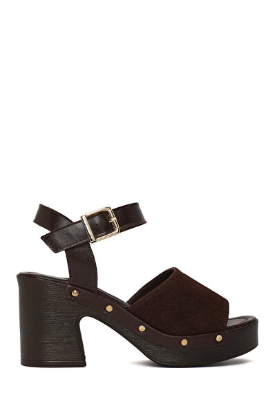 Derimod Γυναικεία δερμάτινα σουέτ πέδιλα με χοντρό τακούνι και αγκράφα σε καφ...