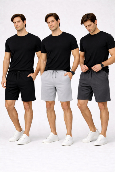 NAKRUF Ανδρικά σορτς σετ 3 τεμαχίων Μαύρο Γκρι Καπνιστό – Βαμβακερό Άνετο Σορ...
