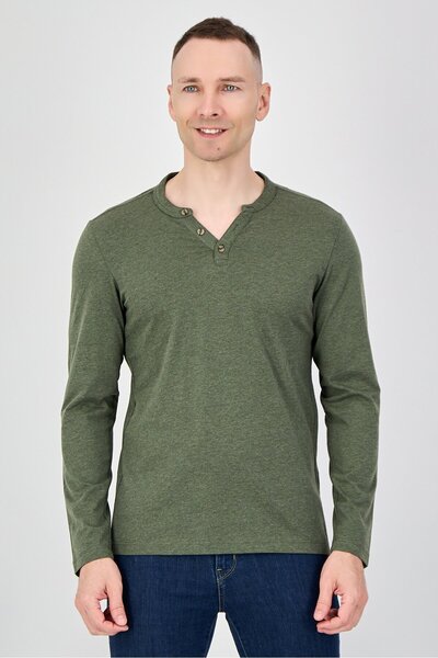 CELIO Men Split Neck Long Sleeve Solid T-Shirt, Khaki