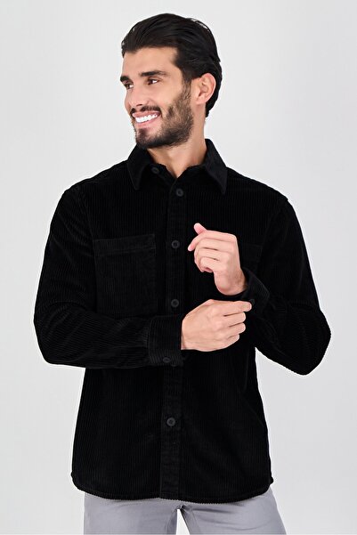 CELIO قميص رجالي كاجوال بأكمام طويلة من قماش الكوردروي، أسود