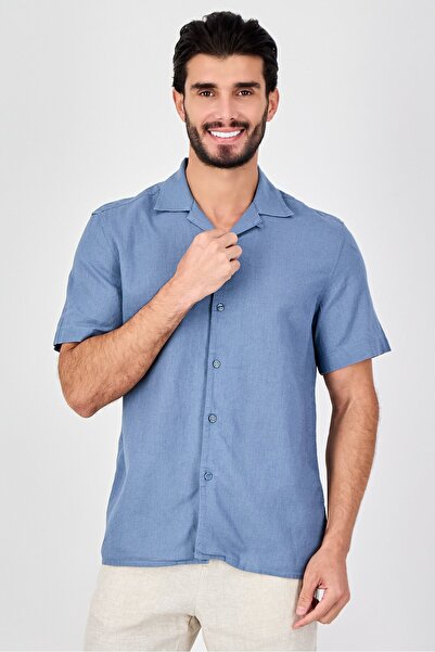 CELIO Men Regular Fit Short Sleeve Plain Casual Shirt, Sage Blue