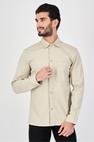 CELIO قميص رجالي كاجوال بأكمام طويلة وقصة عادية، لون بيج