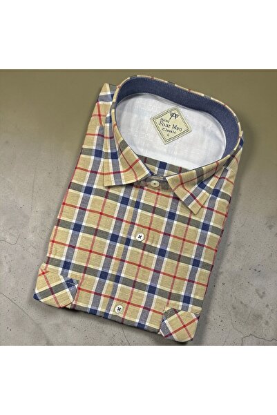 EREN STYLE Λινό κλασικό πουκάμισο από 100% βαμβάκι με κοντά μανίκια και αντιι...