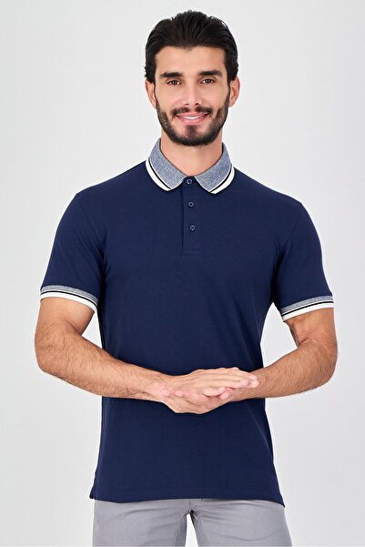 CELIO قميص بولو رجالي بقصّة عادية وأكمام قصيرة، أزرق داكن
