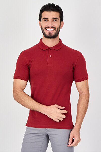 CELIO قميص بولو رجالي بأكمام قصيرة سادة، بقصة عادية، لون عنابي
