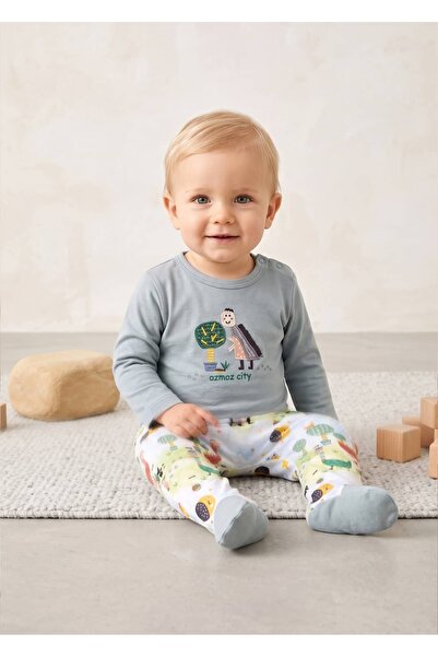 Ozmoz By Mukadder Özden Organic Dino Embroidered Blue Spring Baby Boy Set wit...
