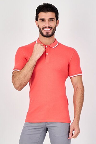 CELIO قمصان بولو رجالية بأكمام قصيرة وقصة عادية، باللون الأحمر المرجاني