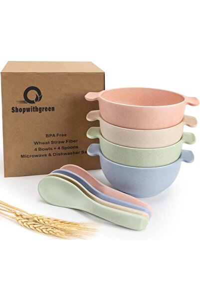 Arabest Unbreakable Kids Bowls,4 Bowls & 4 Spoons,Wheat Straw,Microwave & Dis...