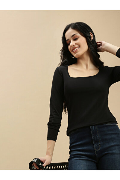 ECOLORE By Styli Black Solid Square Neck Long Sleeves Top